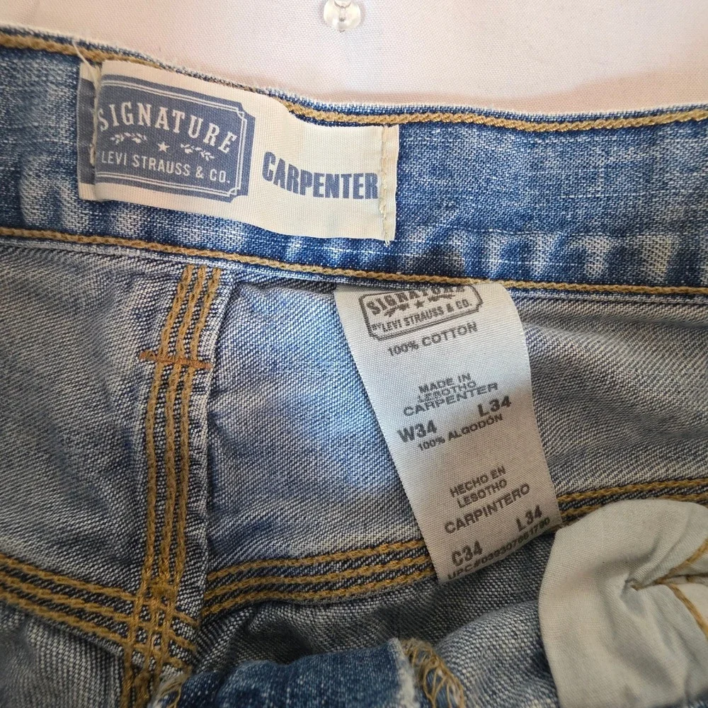 Signature Levi Strauss Carpenter Jeans Mens 34x34 Light Wash Distressed Workwear